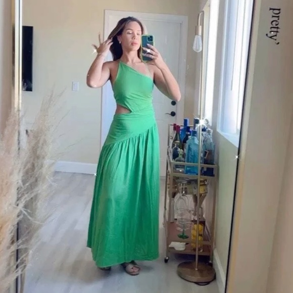 Asymmetrical Green Dress Cut Out Ruched Maxi Lace Up Back - Picture 9 of 15